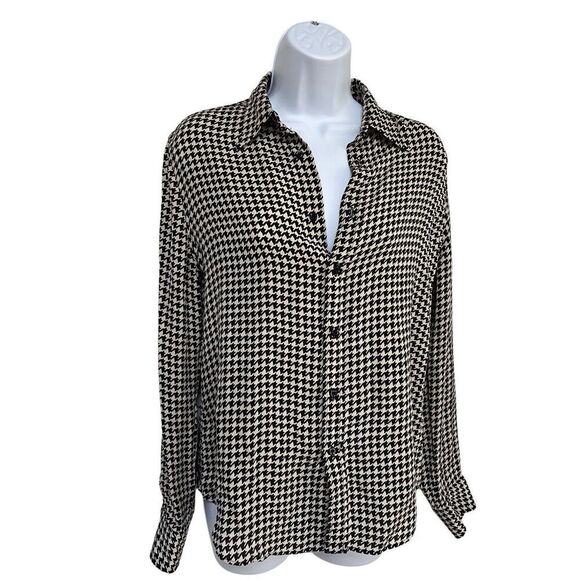 Ralph Lauren Black Label 100% Silk  Blouse Top Black Tan Houndstooth Size 10 - Picture 1 of 12